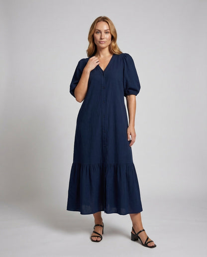 Damen Maxikleid Baumwoll Leinen Puffärmel Stufenrock - Norvielle