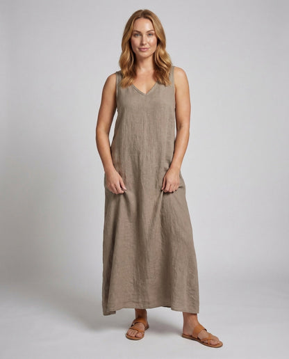 Damen Leinenkleid V-Ausschnitt Sommer Schwarz - Norvielle