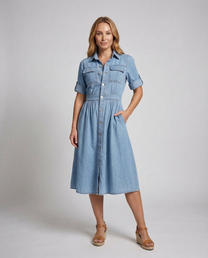 Damen Jeanskleid Midi Smock-Taille mit Taschen - Norvielle