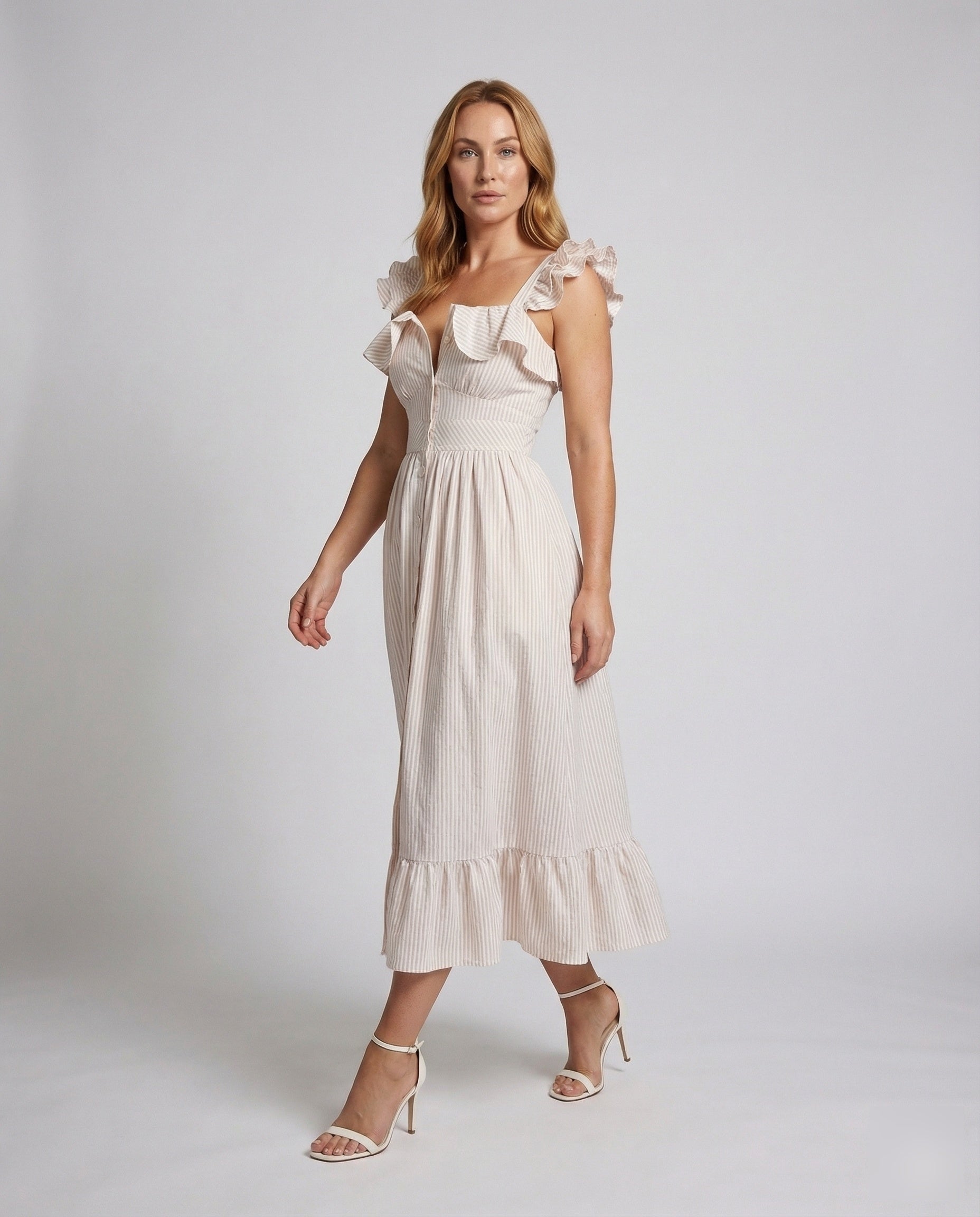 Damen Midikleid mit Rüschenträger und gerafftem Tellerrock - Norvielle