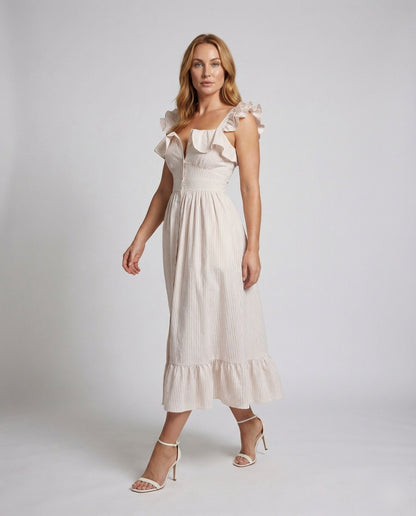 Damen Midikleid mit Rüschenträger und gerafftem Tellerrock - Norvielle