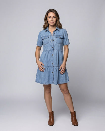 Damen Hemdblusenkleid Kurzärmelig Stufenrock - Norvielle
