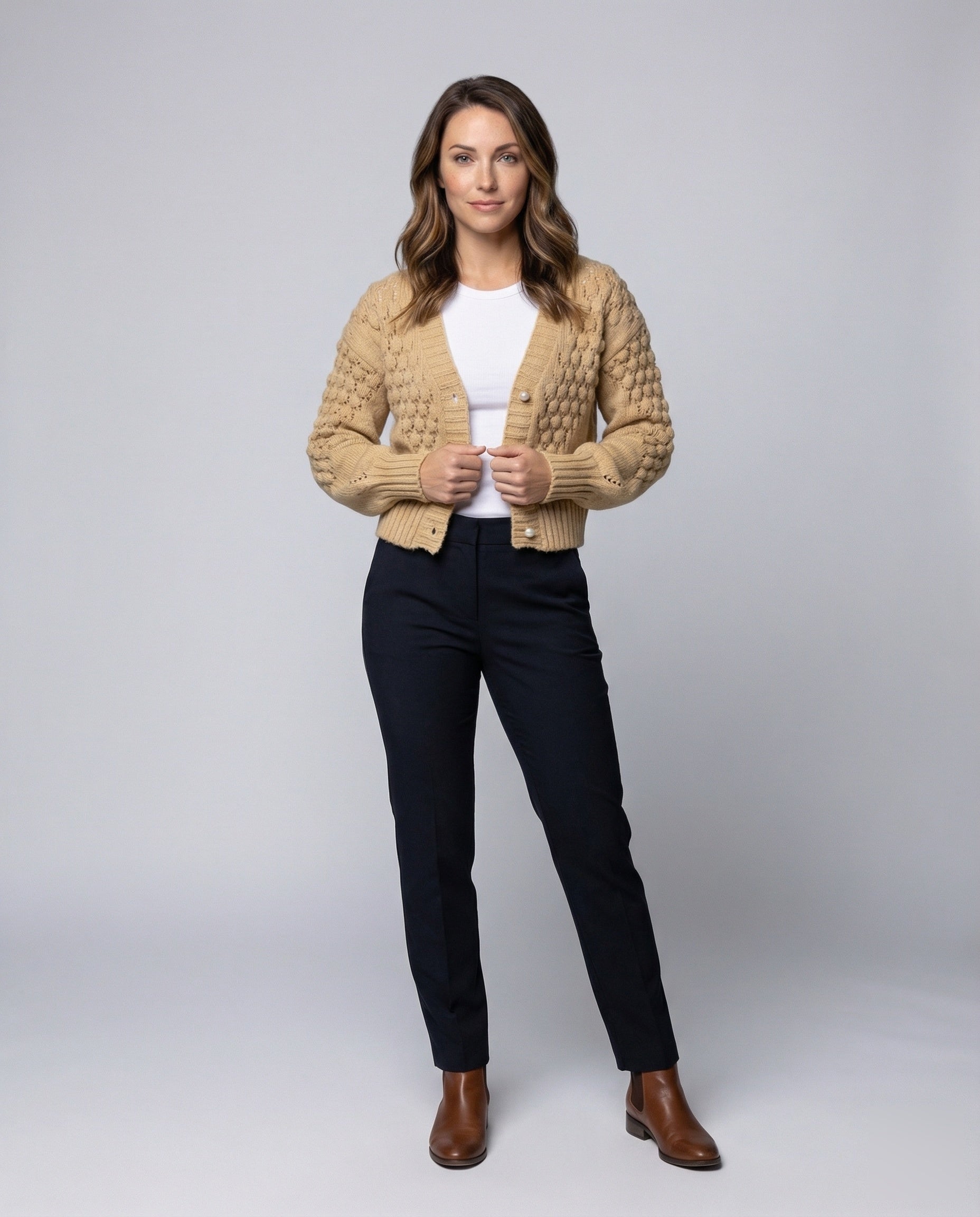 Kurze Damen Strickjacke Bobbelstruktur Ballonärmel - Norvielle