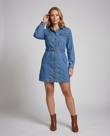 Damen Jeanskleid Mit Metallknöpfen Blau - Norvielle
