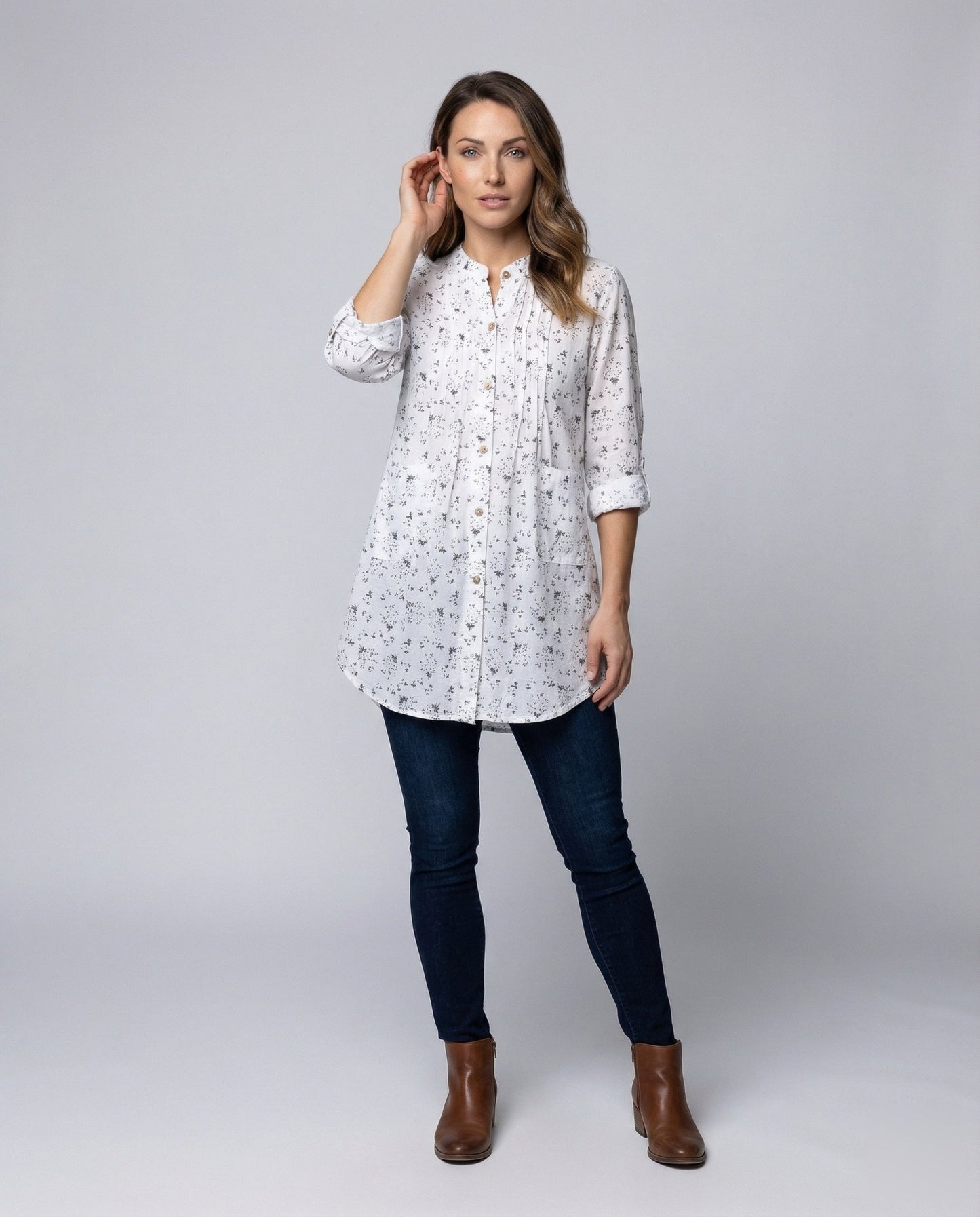Damen Bluse Leinenoptik Stehkragen Brustfalten - Norvielle