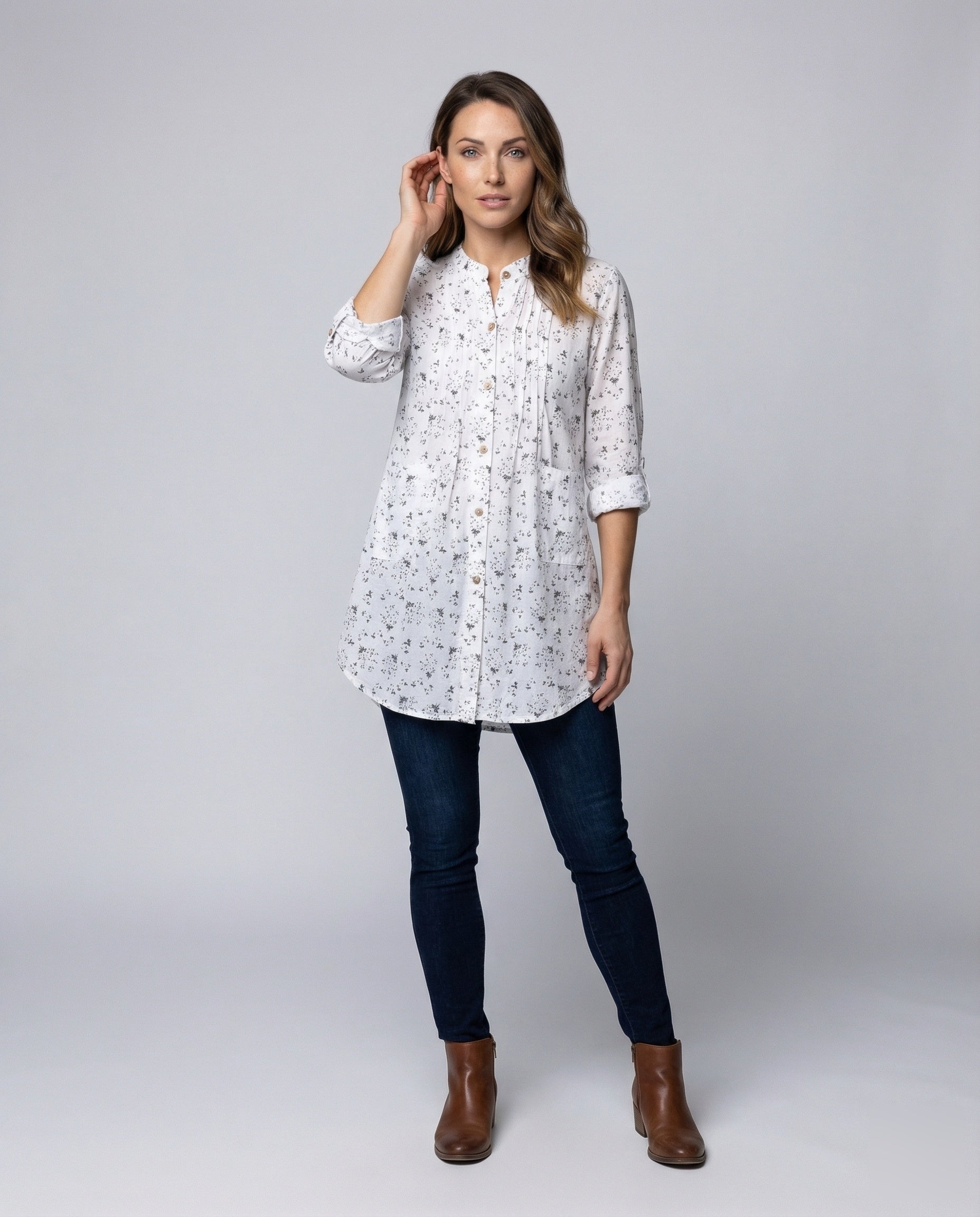 Damen Bluse Leinenoptik Stehkragen Brustfalten - Norvielle