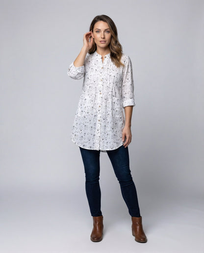 Damen Bluse Leinenoptik Stehkragen Brustfalten - Norvielle