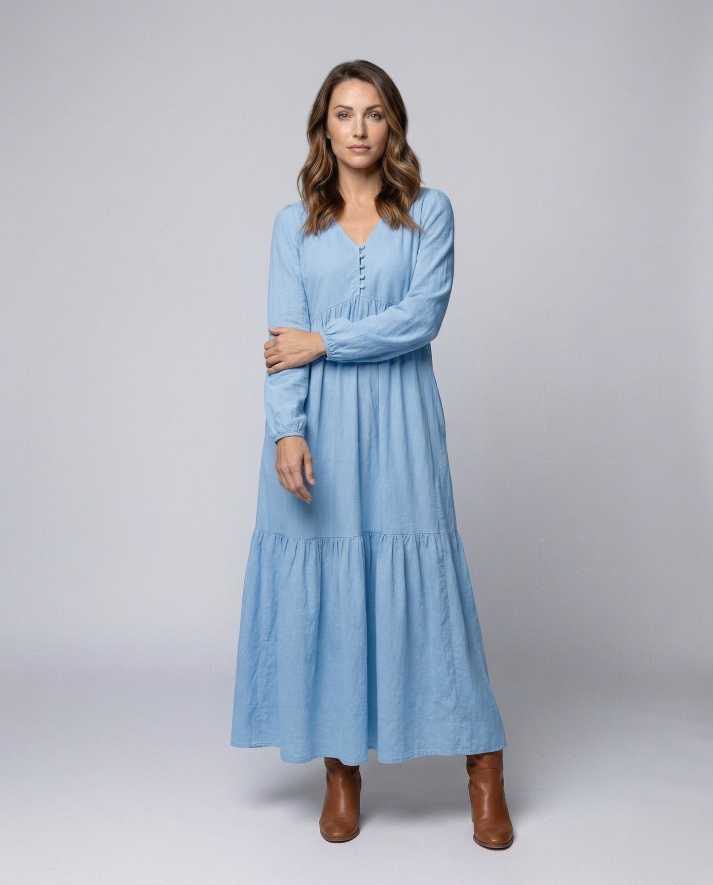 Damen Leinen Maxikleid mit Volant und Beinschlitz - Norvielle