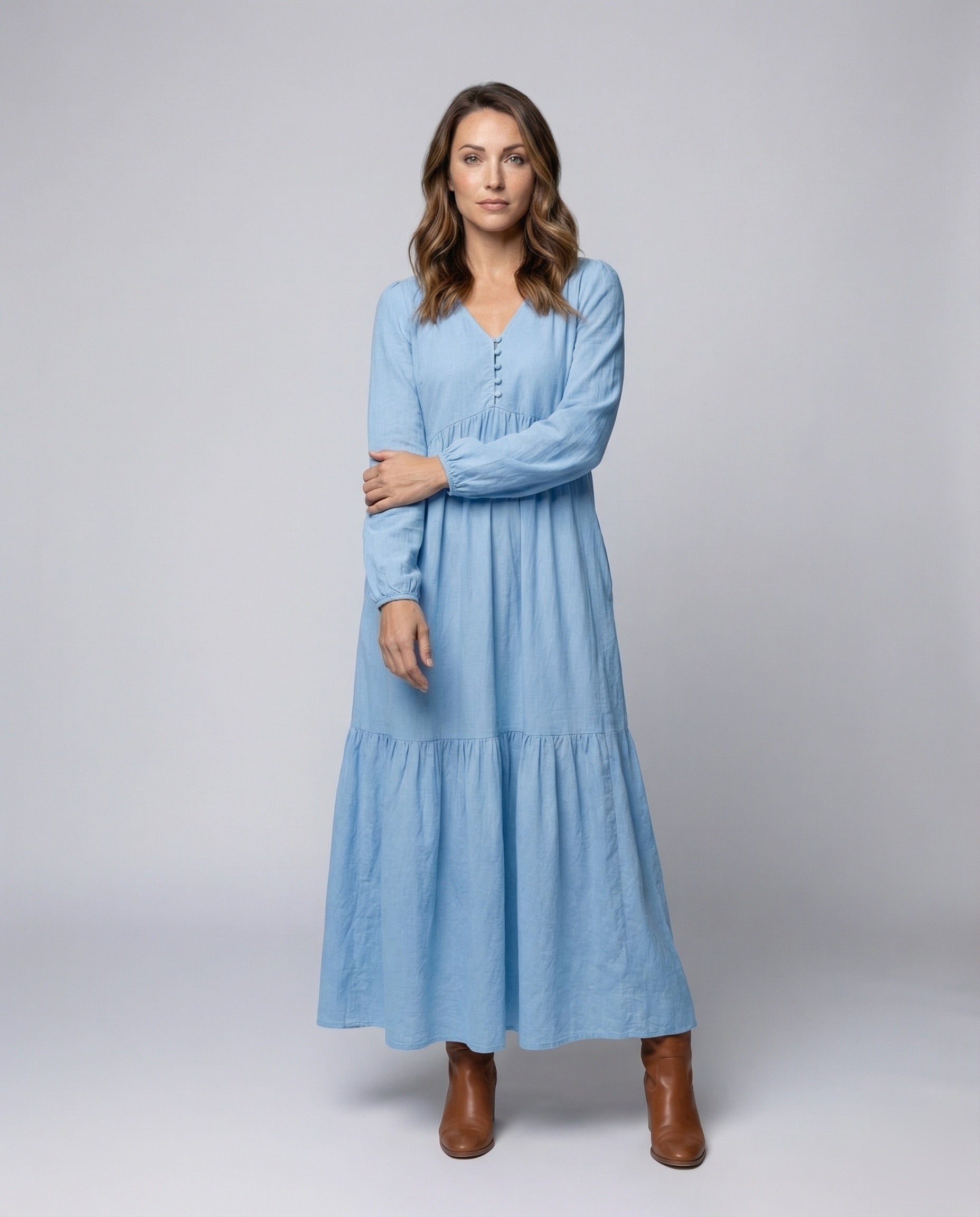 Damen Leinen Maxikleid mit Volant und Beinschlitz - Norvielle