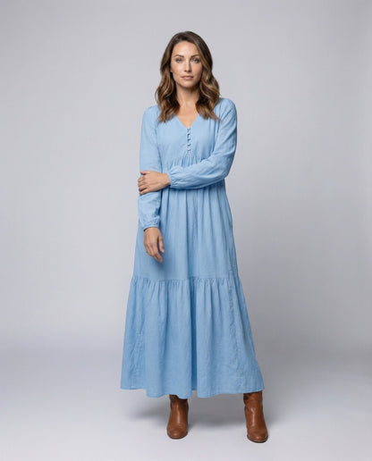 Damen Leinen Maxikleid mit Volant und Beinschlitz - Norvielle