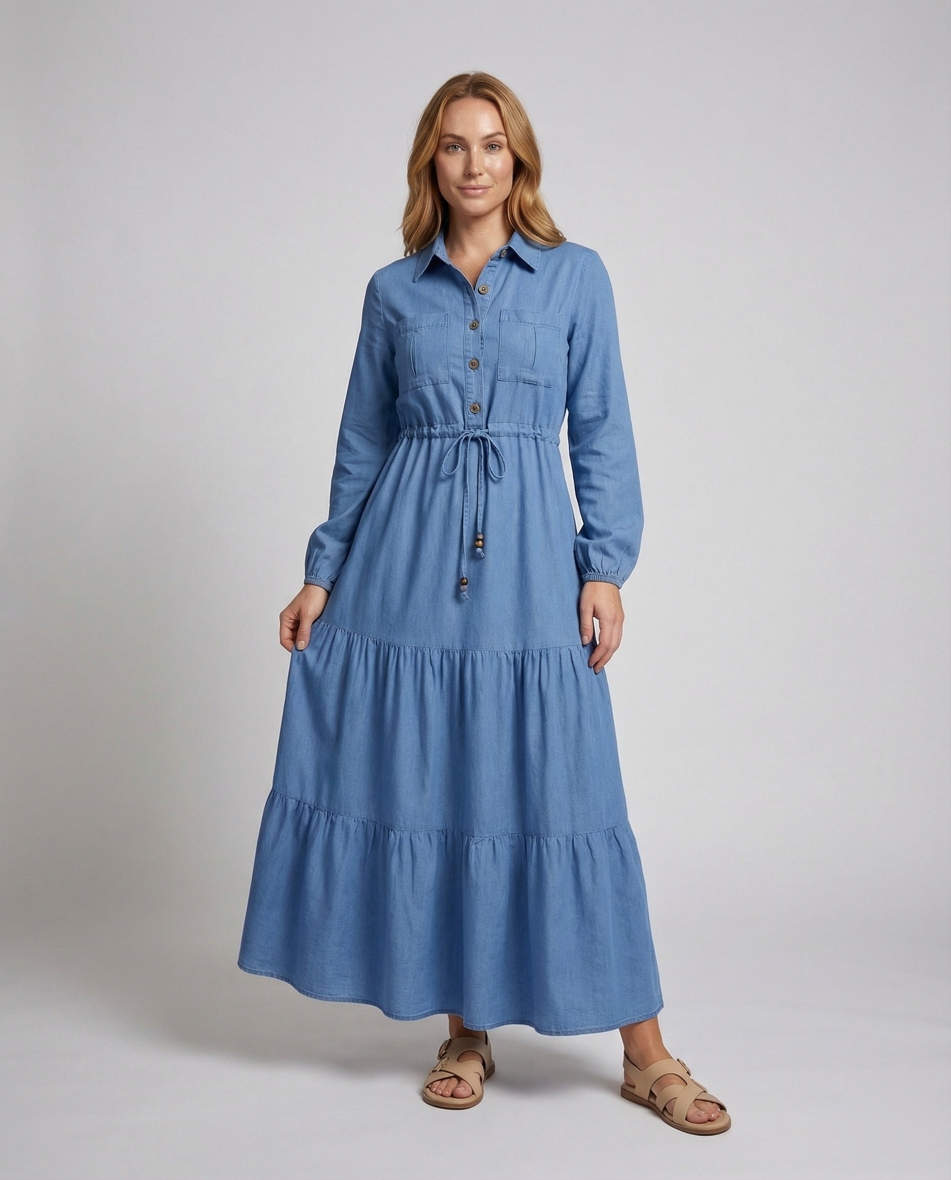 Damen Blusenkleid Chambray Optik Kordelzug - Norvielle