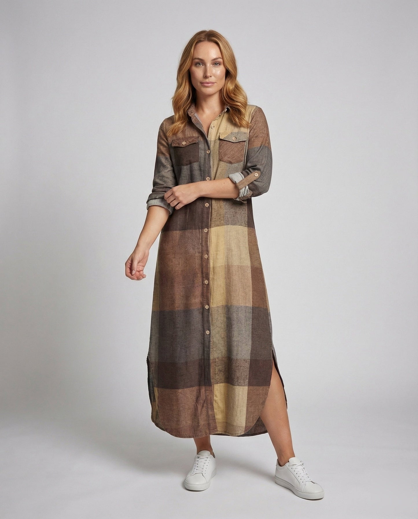 Damen Karo Hemdenkleid Hoher Seitenschlitz - Norvielle