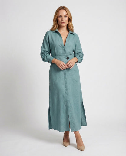 Damen Leinenkleid mit Taillengürtel und Seitenschlitzen - Norvielle