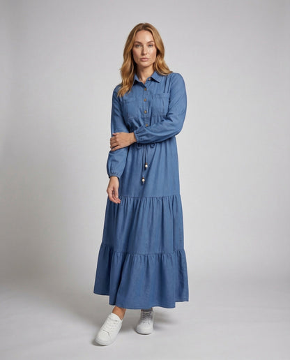 Damen Maxikleid mit Hemdkragen und Stufenrock - Norvielle