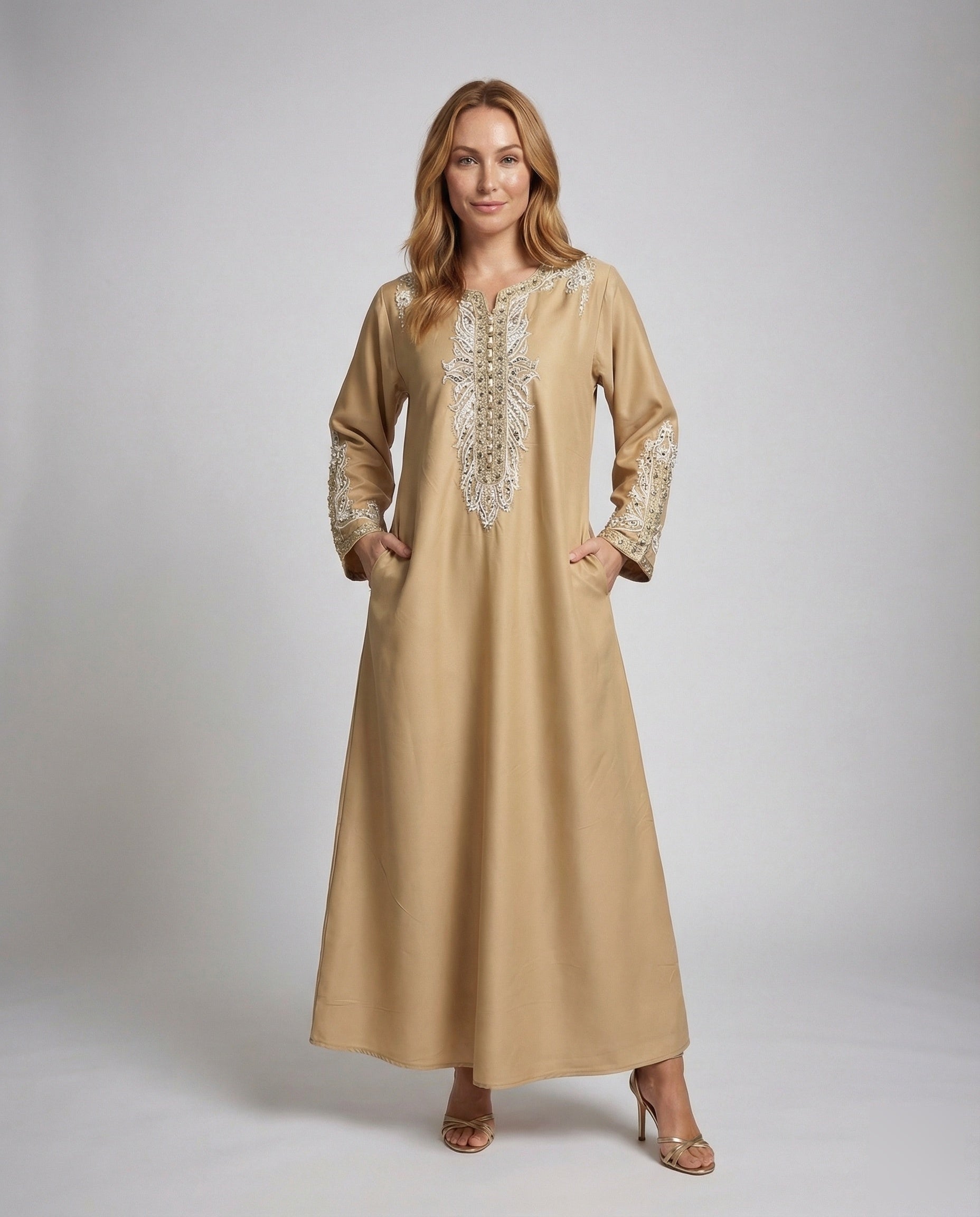 Damen Kaftan-Kleid Satin Perlenstickerei Breite Manschetten - Norvielle
