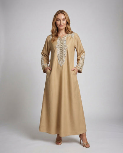Damen Kaftan-Kleid Satin Perlenstickerei Breite Manschetten - Norvielle