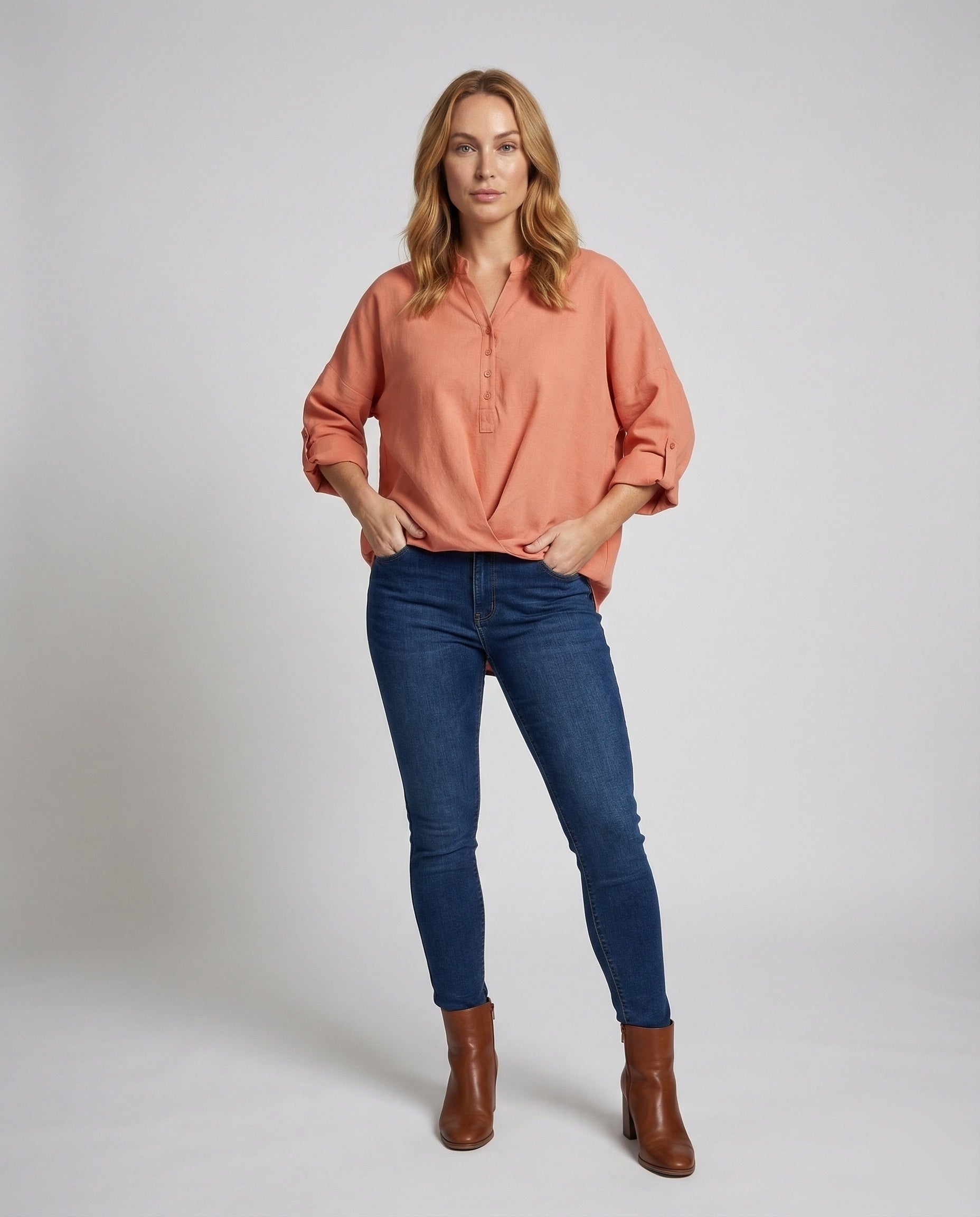 Oversize Pullover Damen Halbe Knopfleiste Vordere Raffung - Norvielle
