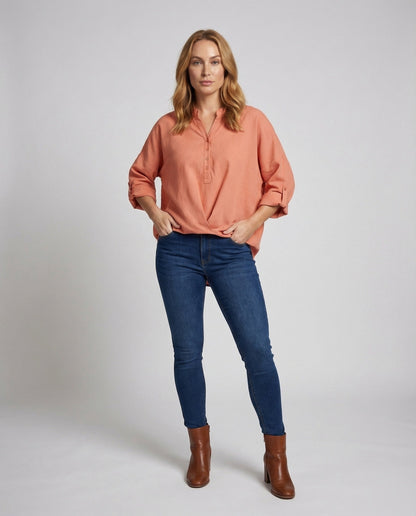 Oversize Pullover Damen Halbe Knopfleiste Vordere Raffung - Norvielle