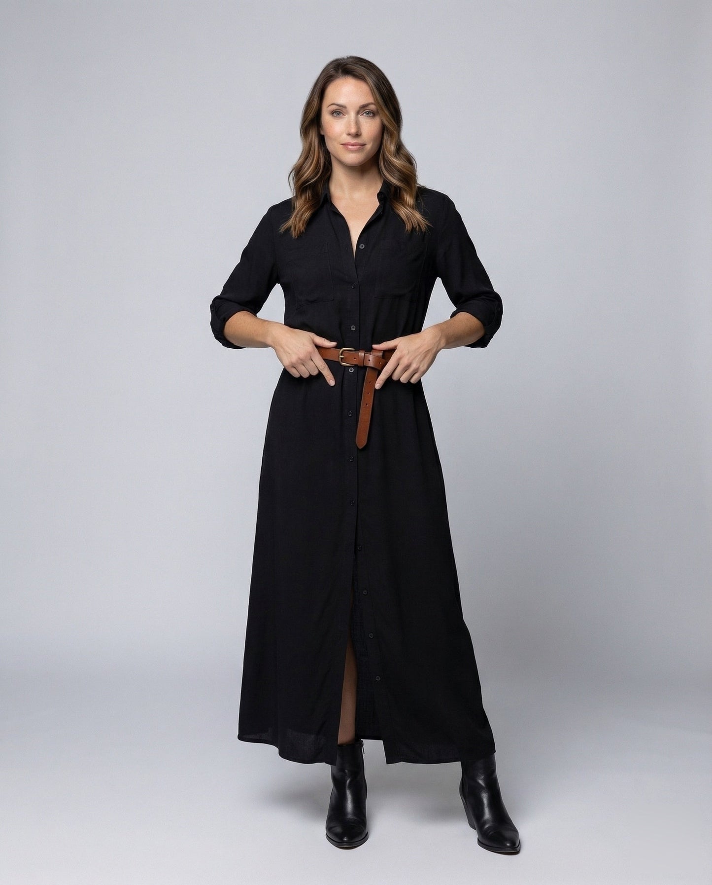 Damen Hemdblusenkleid mit Taillengürtel und Seitenschlitzen - Norvielle