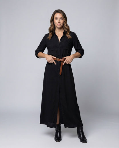 Damen Hemdblusenkleid mit Taillengürtel und Seitenschlitzen - Norvielle