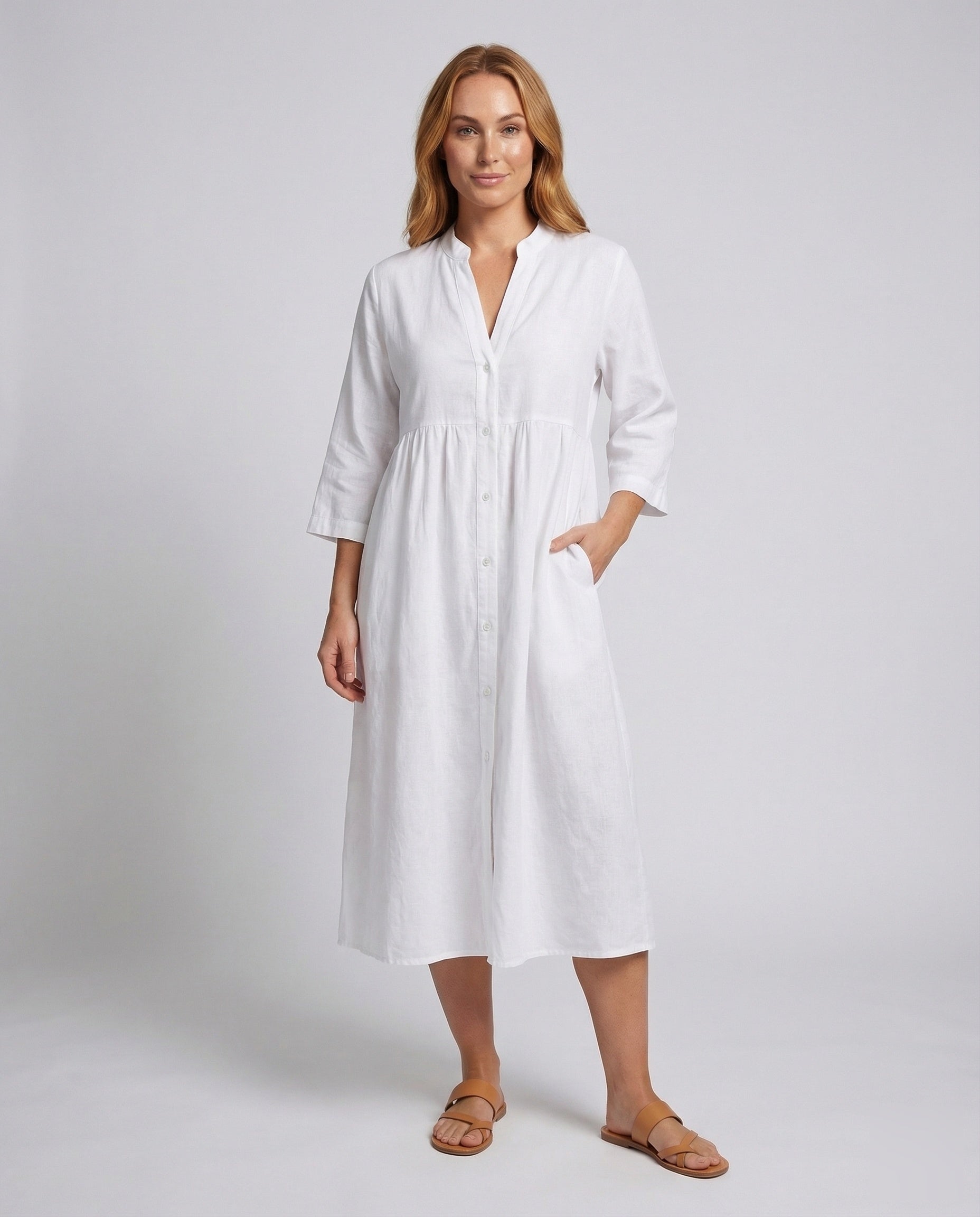 Damen Leinenkleid mit Taillenhohe und Kräuselung - Norvielle