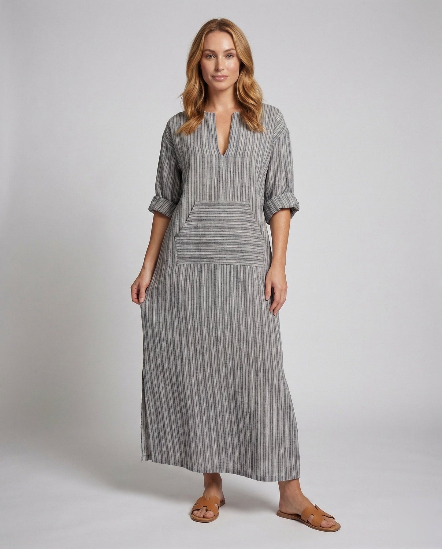 Damen Maxikleid Leinen V-Ausschnitt Kängurutasche - Norvielle