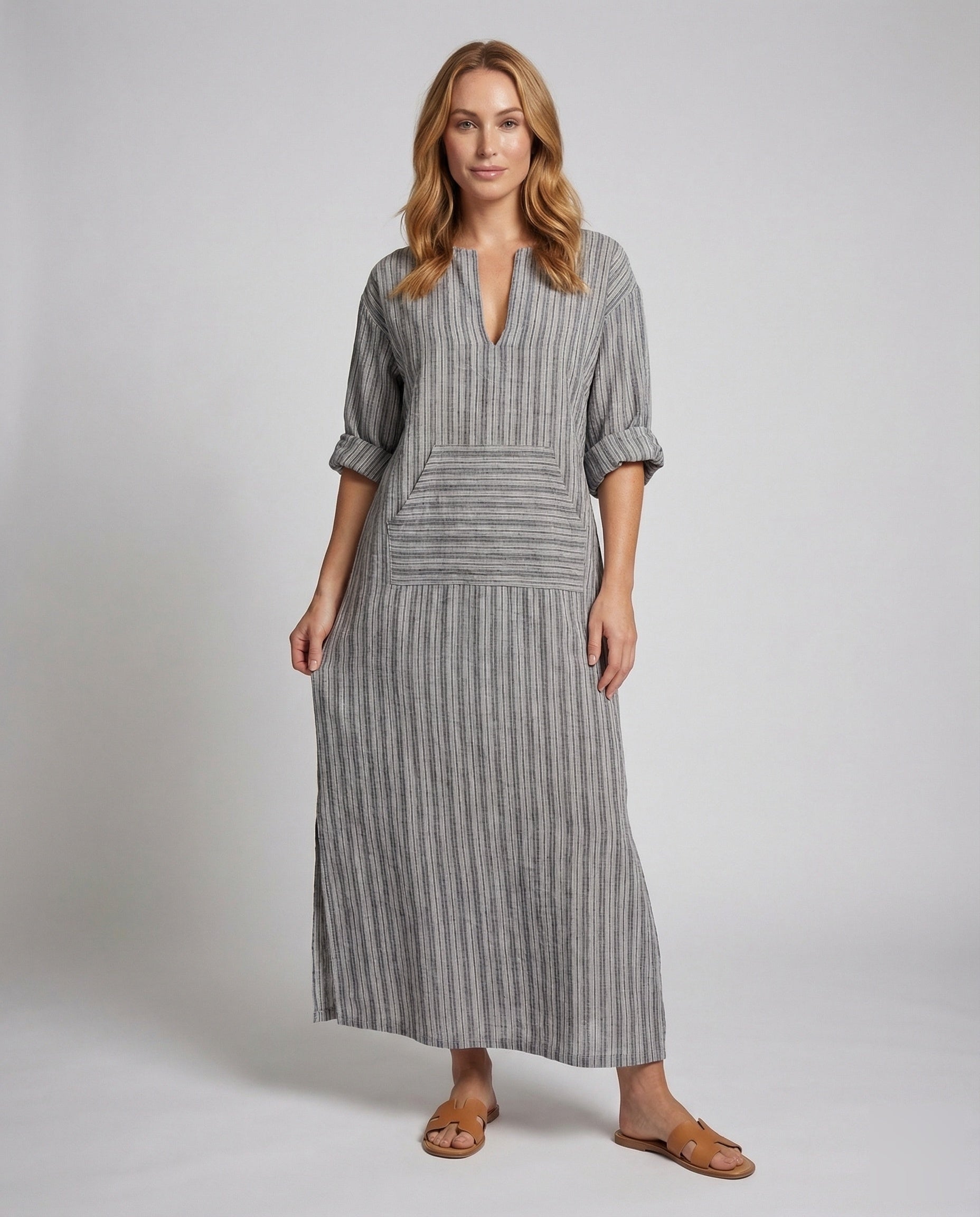 Damen Maxikleid Leinen V-Ausschnitt Kängurutasche - Norvielle