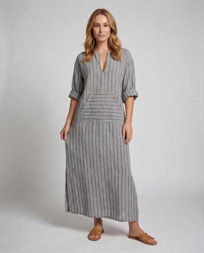 Damen Maxikleid Leinen V-Ausschnitt Kängurutasche - Norvielle