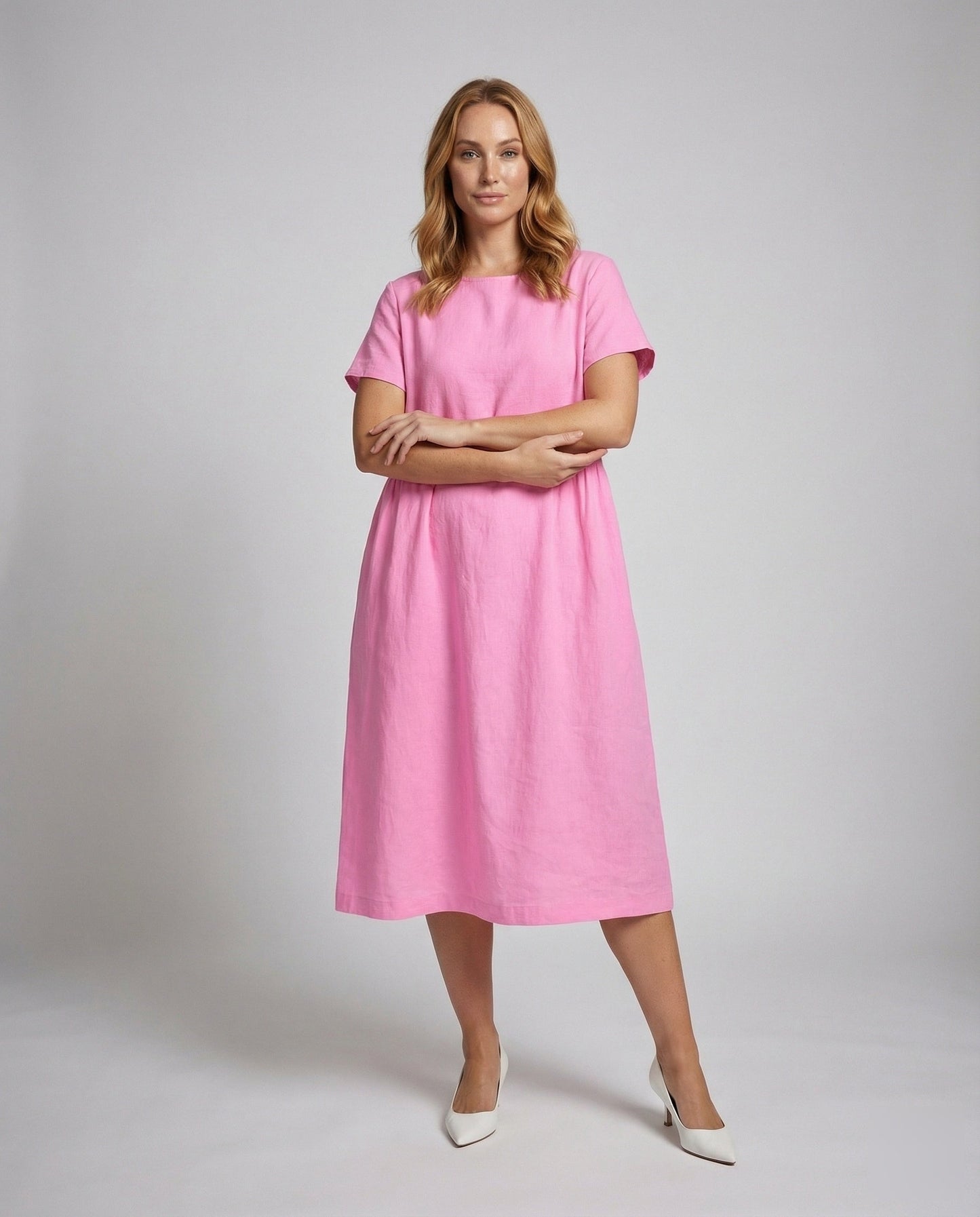 Damen Leinenkleid Überschnittene Schulter Midi - Norvielle