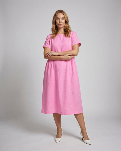 Damen Leinenkleid Überschnittene Schulter Midi - Norvielle
