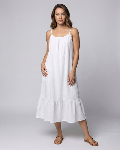 Damen Maxikleid Leinen Optik Volantrock Schwarz - Norvielle