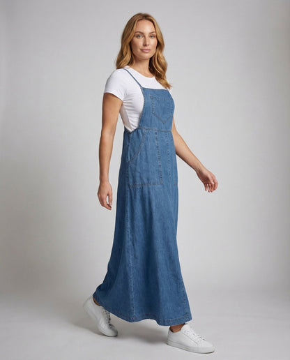 Damen Maxikleid aus Jeansstoff mit Verstellbaren Trägern - Norvielle