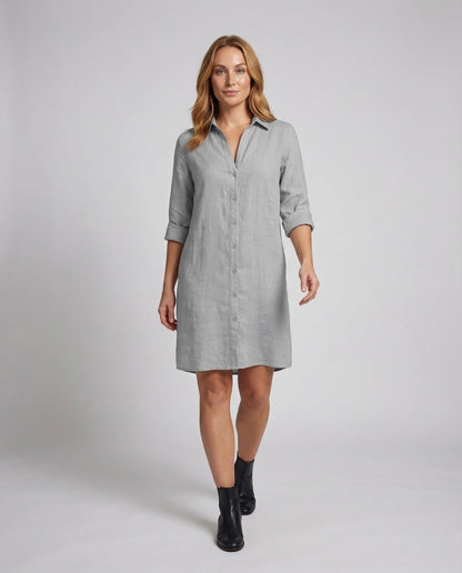 Damen Leinenkleid Hemdblusen-Style Krempelbare Ärmel - Norvielle