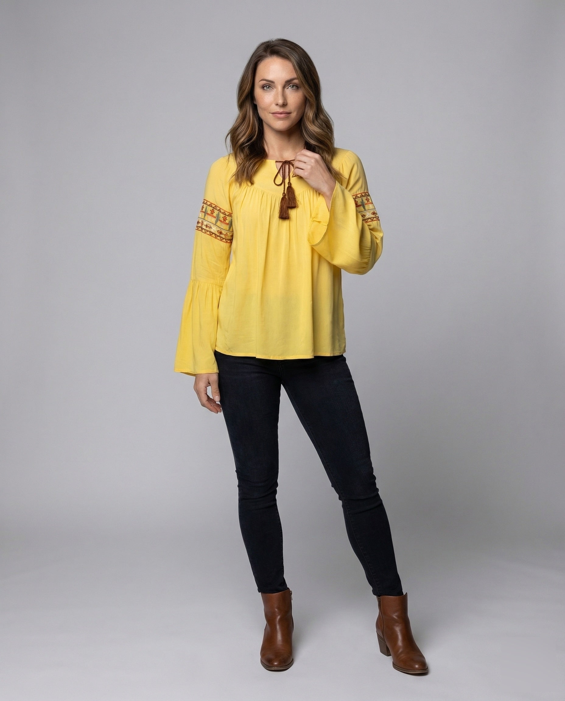 Damen Bluse Viskose Bestickt Trompetenärmel Boho-Stil - Norvielle
