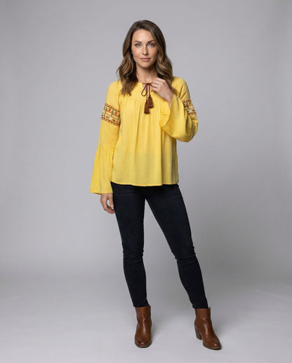 Damen Bluse Viskose Bestickt Trompetenärmel Boho-Stil - Norvielle