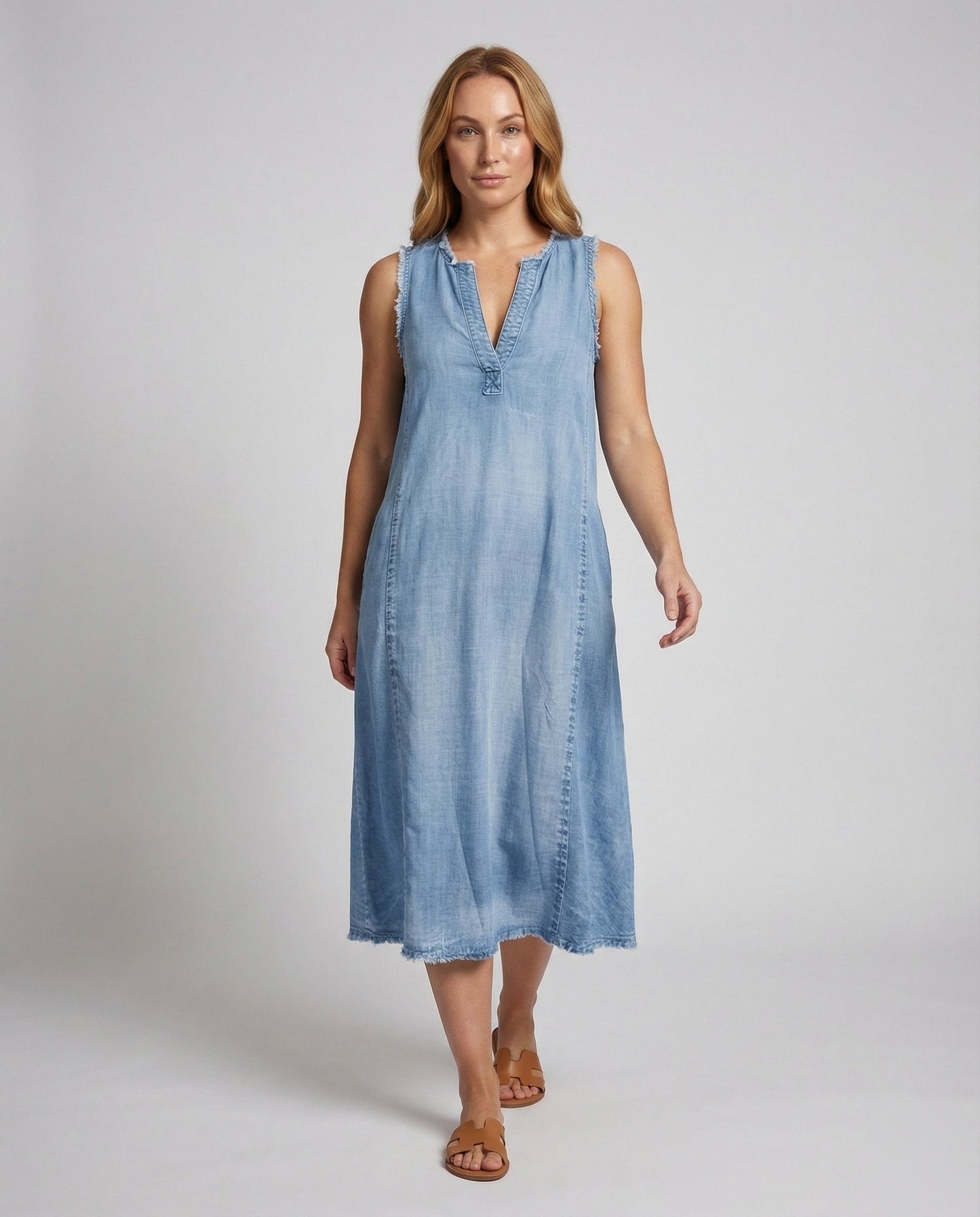 Damen Midikleid A-Linie Chambray Blau - Norvielle