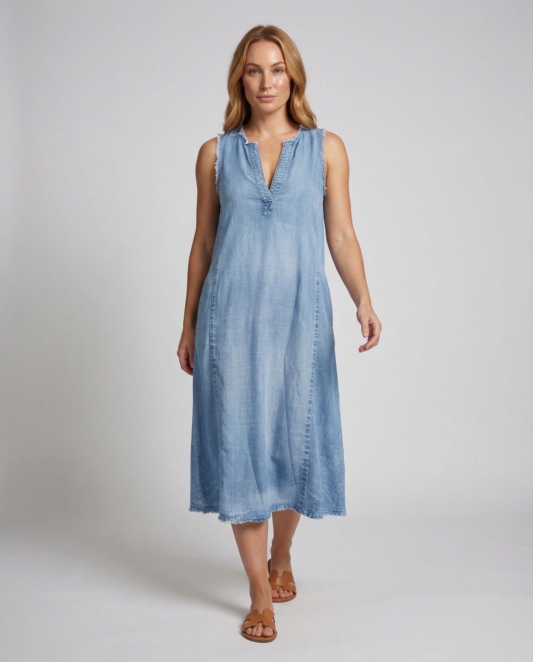 Damen Midikleid A-Linie Chambray Blau - Norvielle