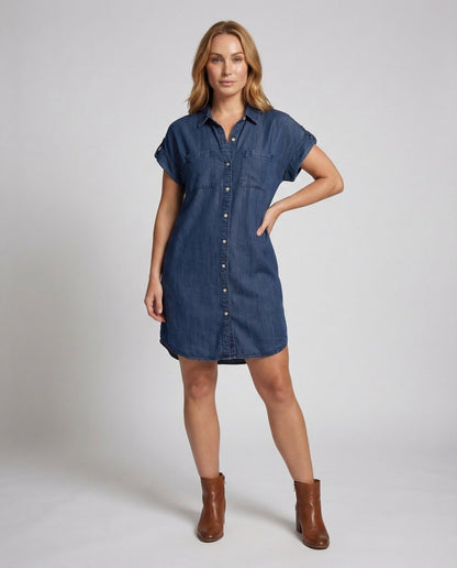 Damen Hemdkleid Denim Blau Krempelärmel - Norvielle