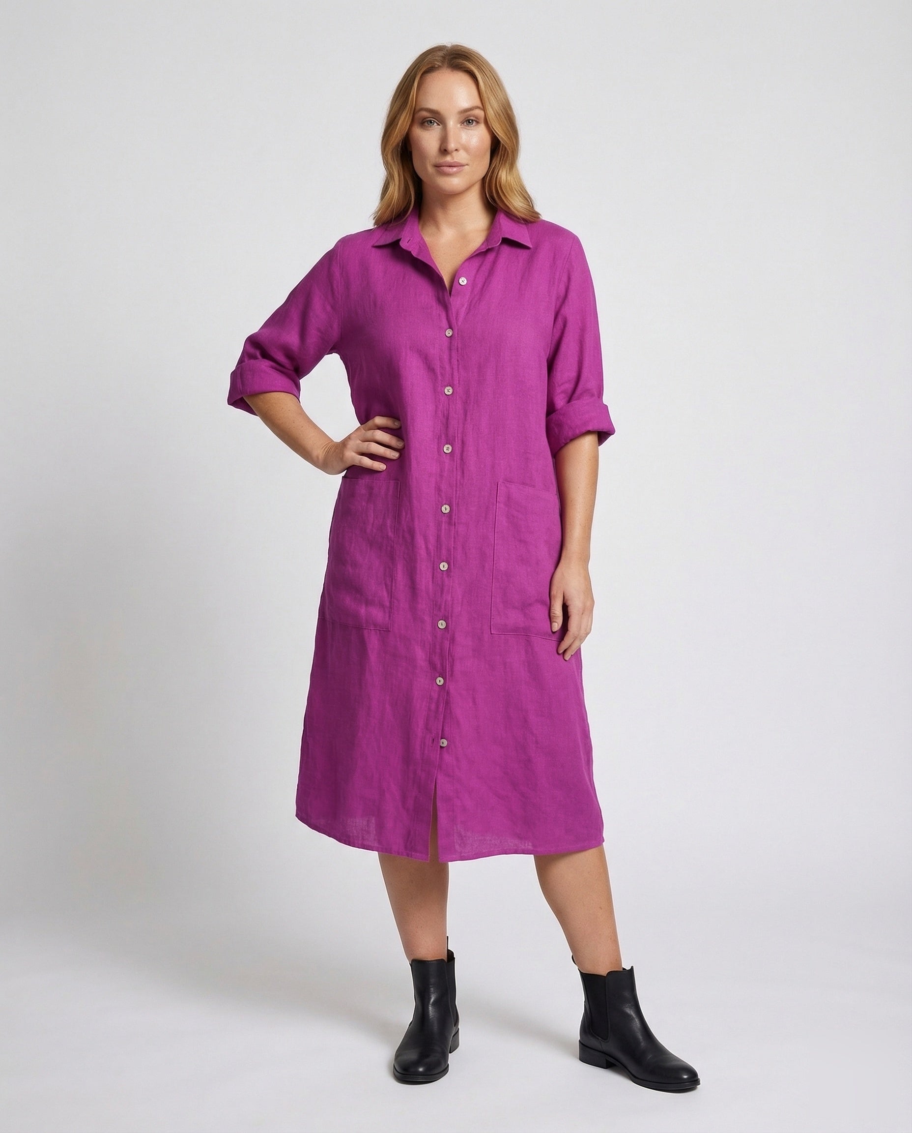 Damen Leinenkleid mit Aufgesetzten Taschen - Norvielle