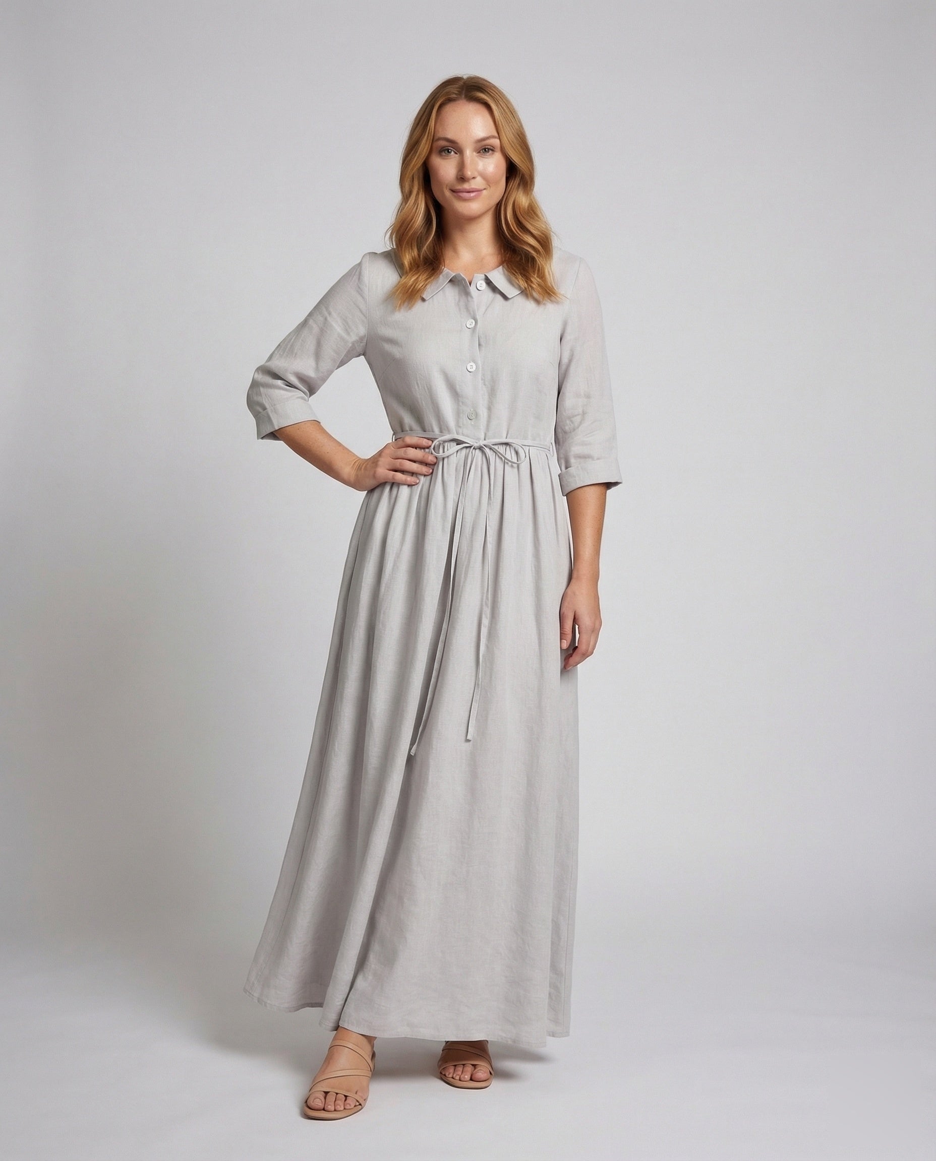 Damen Leinen Maxikleid mit Taillenband und Hemdblusenkragen - Norvielle