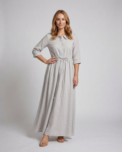 Damen Leinen Maxikleid mit Taillenband und Hemdblusenkragen - Norvielle