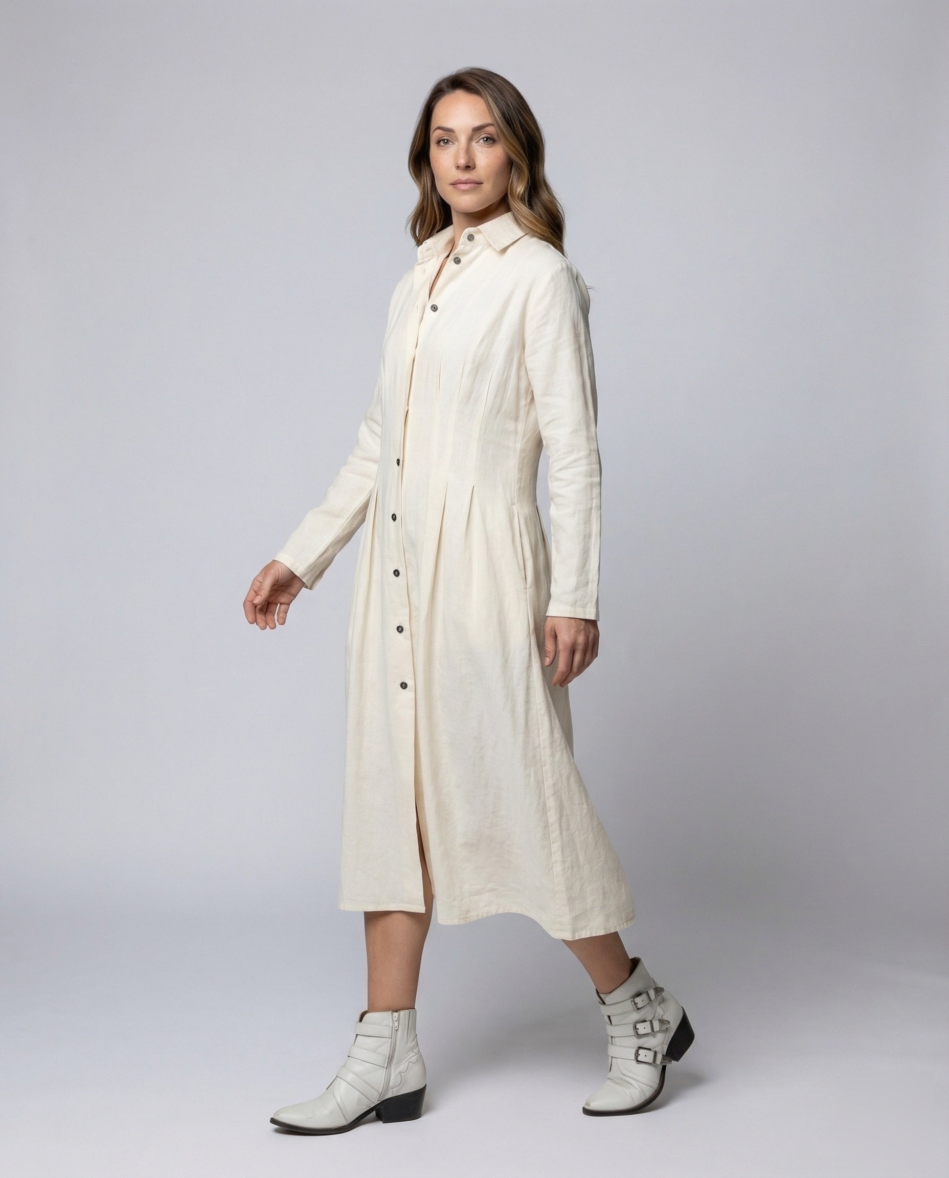 Damen Leinenhemdkleid Mantelstil Verdeckte Knöpfe Beige - Norvielle