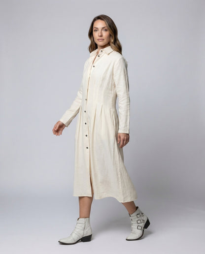 Damen Leinenhemdkleid Mantelstil Verdeckte Knöpfe Beige - Norvielle