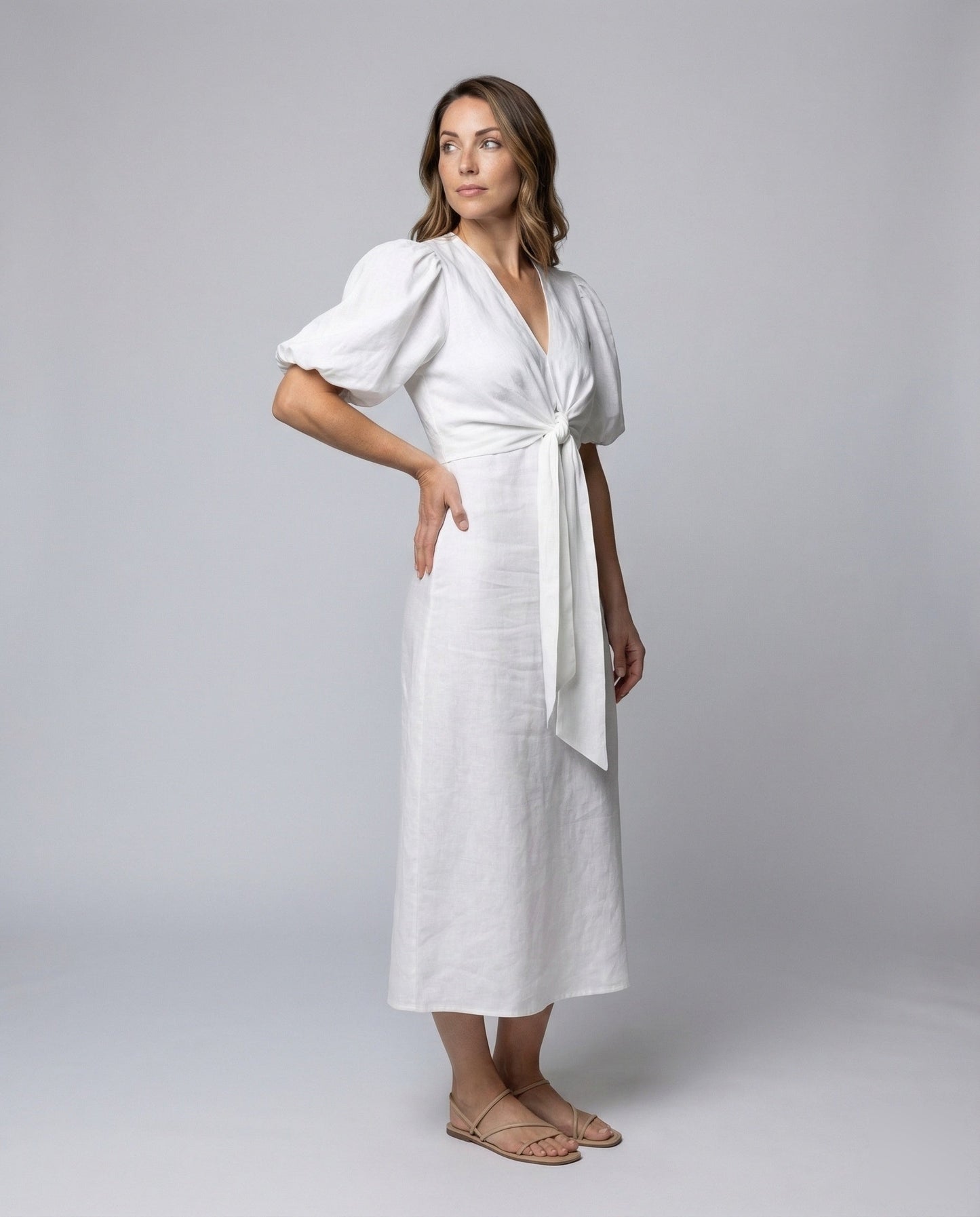 Damen Midikleid Leinenmix mit Knotenbindegürtel - Norvielle