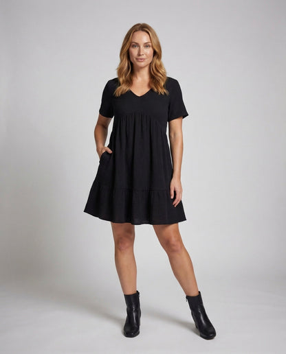 Damen Midikleid Empire Taille Volantrock Schwarz - Norvielle