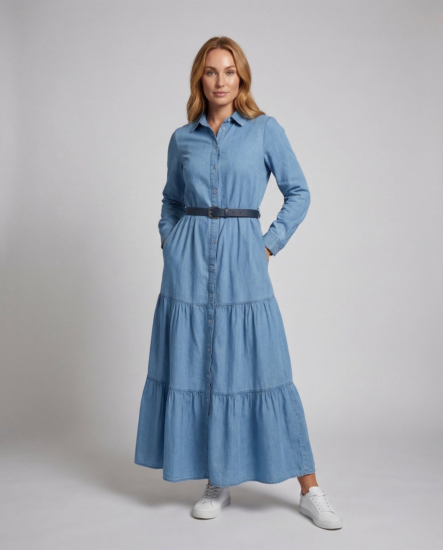 Damen Maxikleid mit Stufenrock und Manschettenärmeln - Norvielle