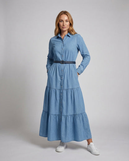 Damen Maxikleid mit Stufenrock und Manschettenärmeln - Norvielle