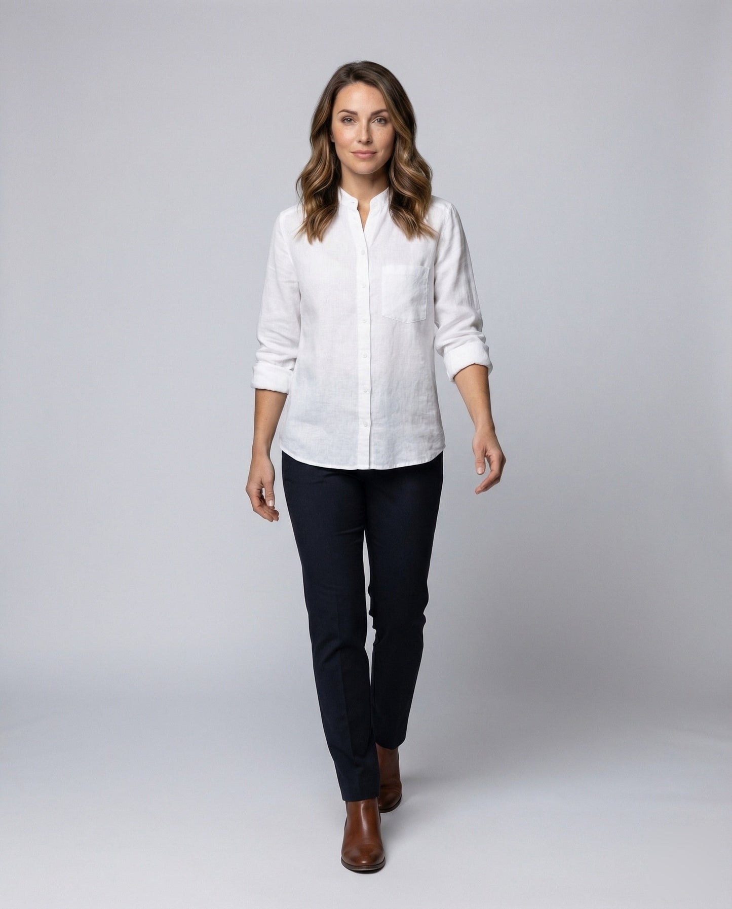 Damen Leinenbluse Mandarin-Kragen - Norvielle
