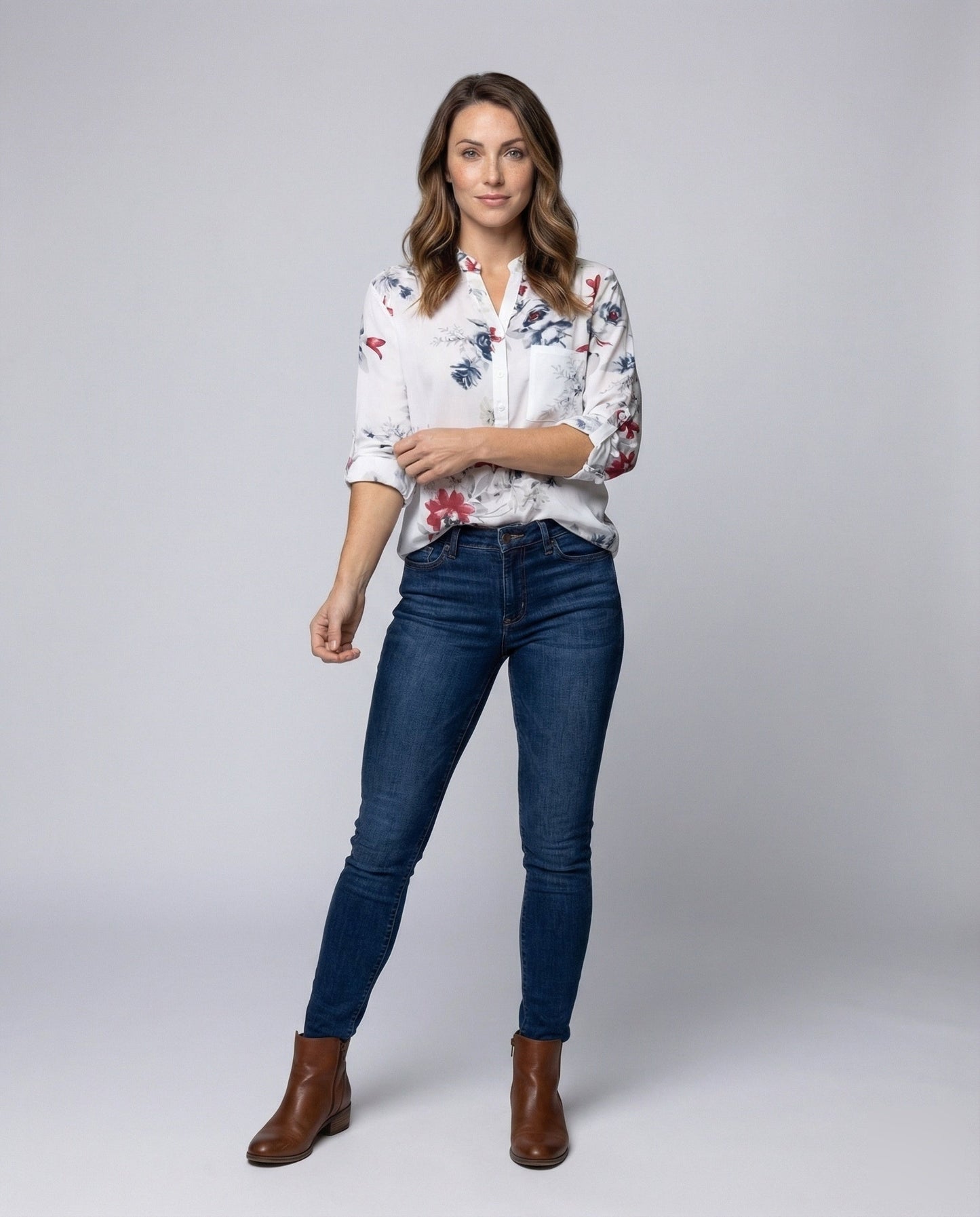 Damen Bluse Viskose Stehkragen Krempärmel - Norvielle