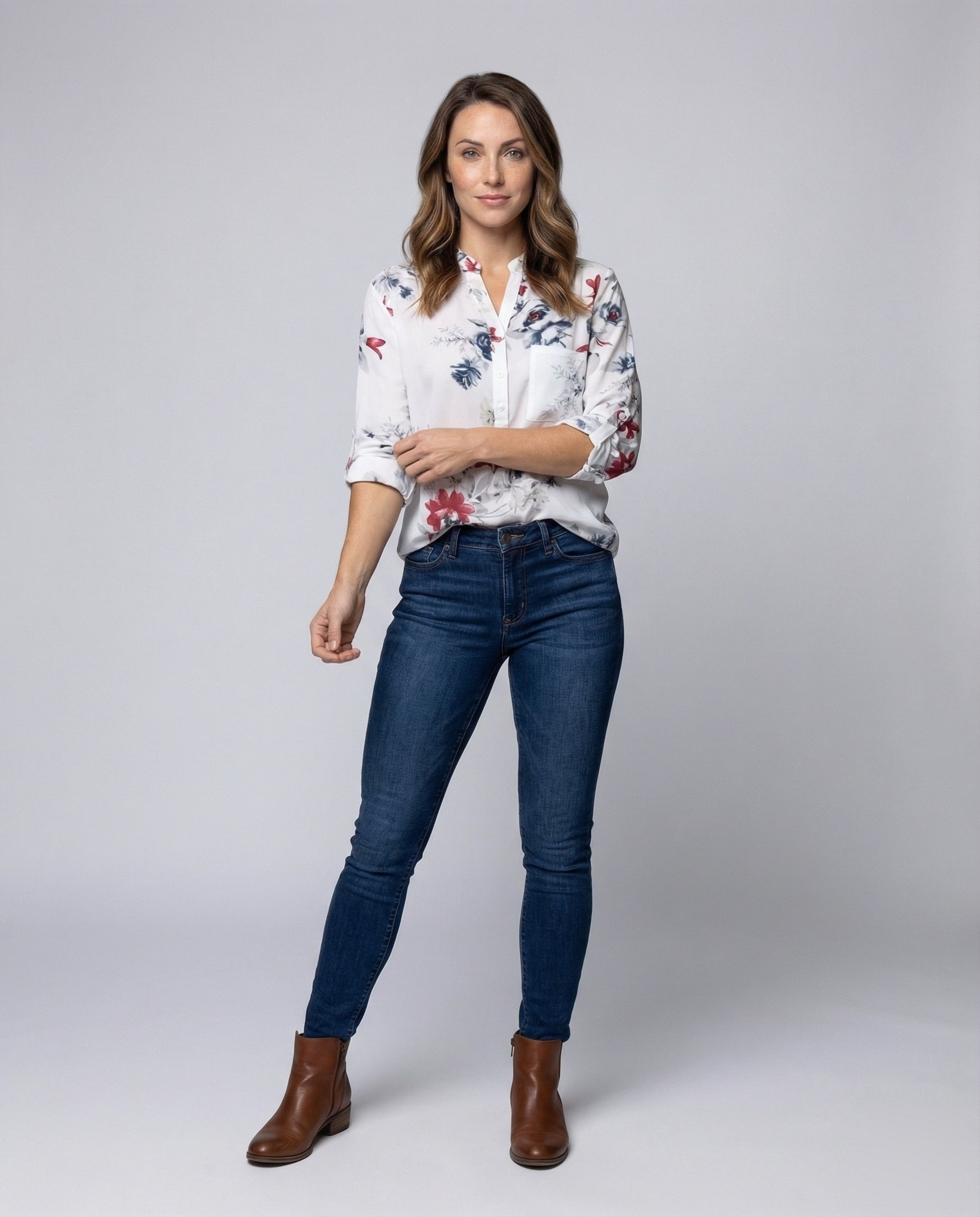 Damen Bluse Viskose Stehkragen Krempärmel - Norvielle